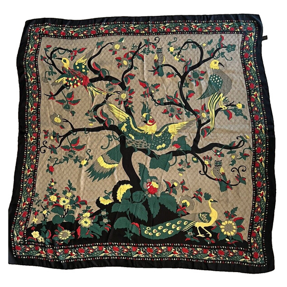 STUNNING Designer ADQ Festive Scarf Birds Owls Trees Flowers Black Red Yellow - Picture 1 of 10